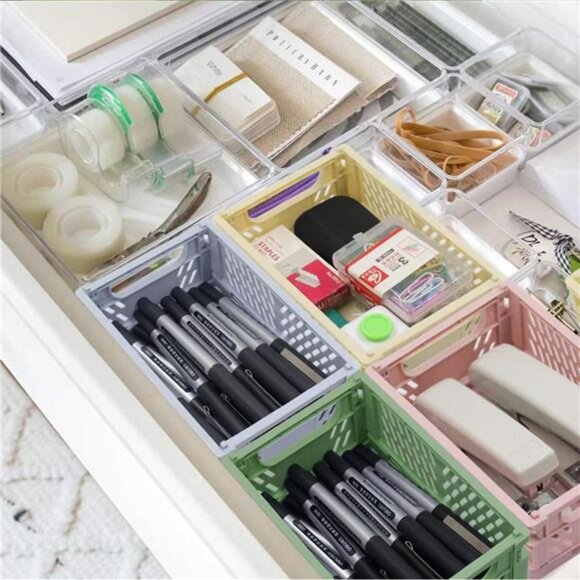 Mini Foldable Plastic Storage Baskets Set of 4 Small Drawer Organizer Crates - Picture 4 of 7